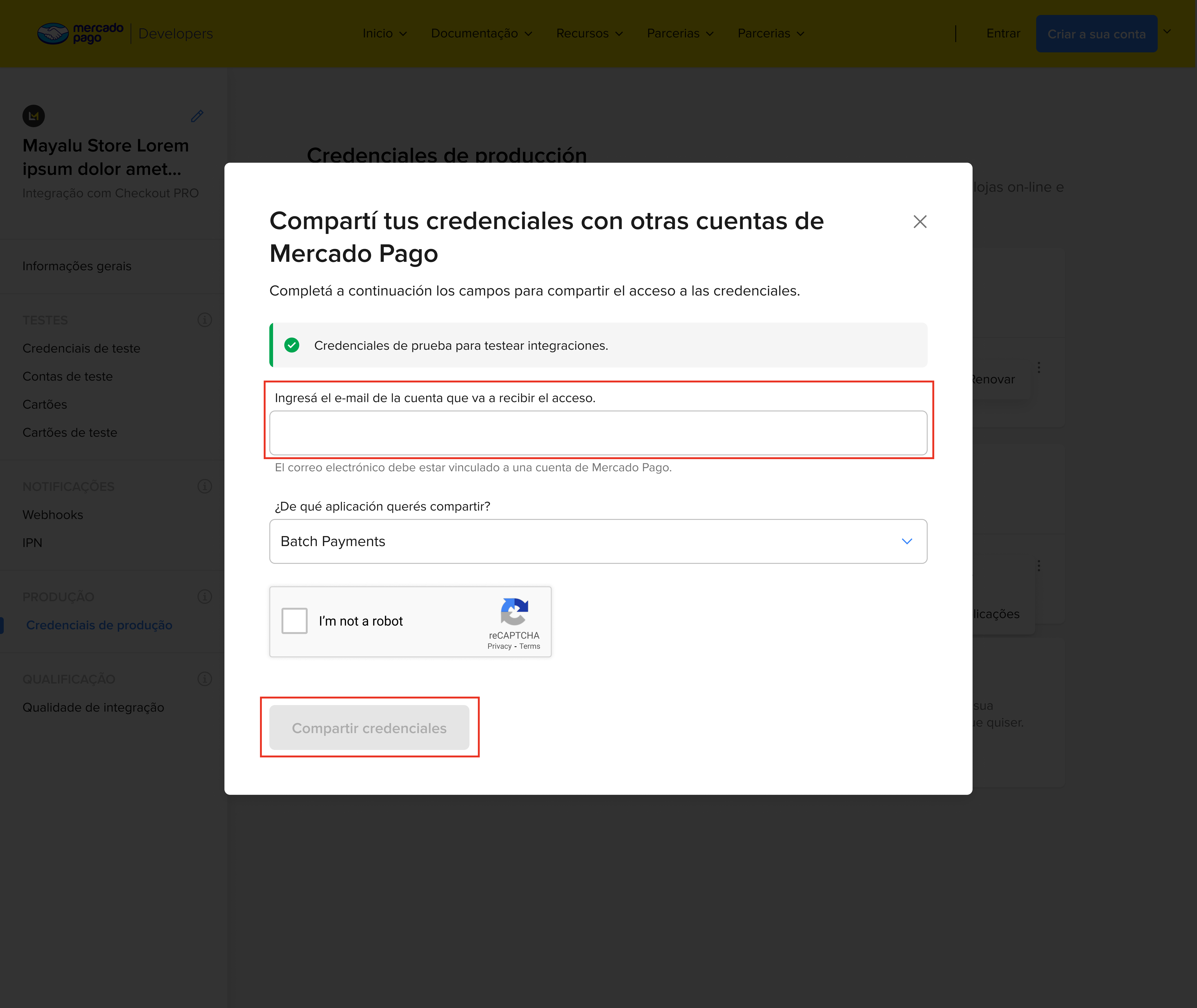 Pantalla Compartí tus credenciales
